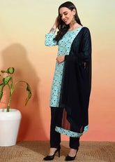 Women's Crepe Printed Straight Kurta Pant With Dupatta-ME112-BLKsky-CRP-KPD